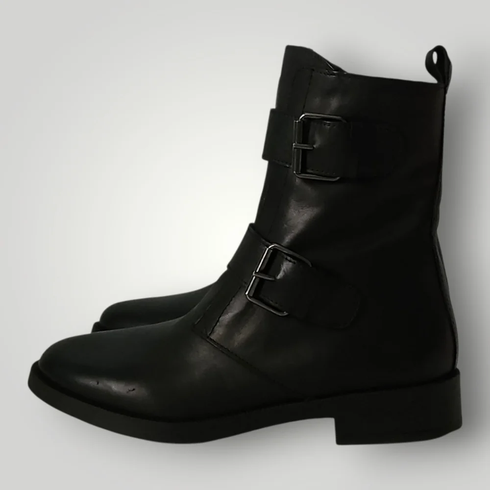 Emanuele Crasto Black Leather‎ Buckle Boots 38 US 8 Made Italy Mob Wife Moto